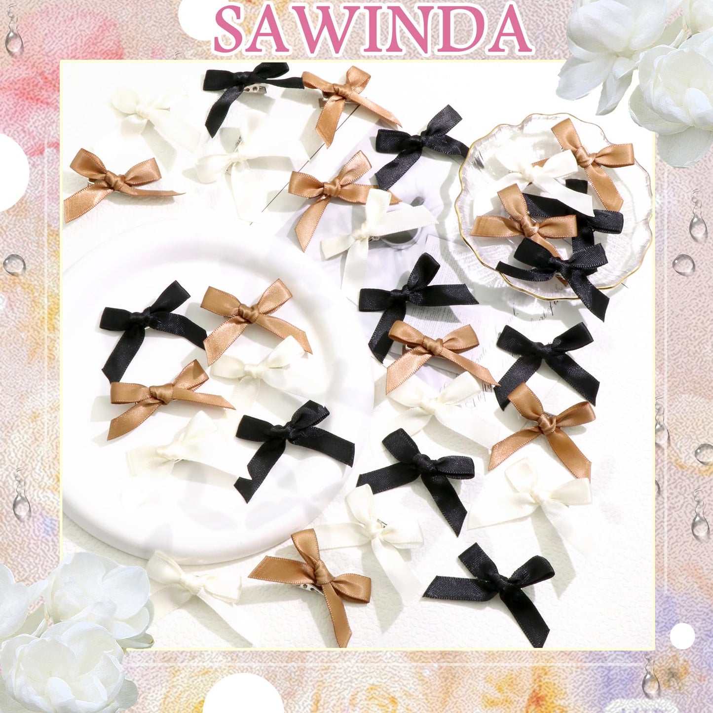 SAWINDA 30PCS Mini Hair Bows Beige Black Brown Small Bows for Hair Silky Satin Bows for Women Cute Hair Ribbon Bowknot Barrettes Sweet Alligator Hair Bow Clips Accessories for Teens and Girls
