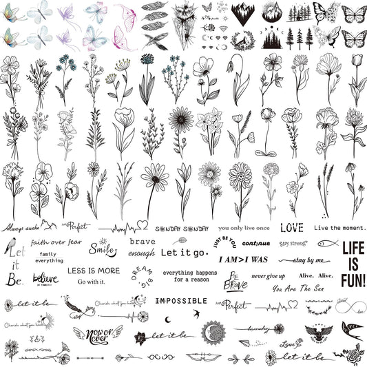 JEEFONNA 100 Sheets Realistic Temporary Tattoos, 240+ Pcs Multicolor Modern Floral & Inspirational Words Tattoos, Waterproof, 3+ Kids