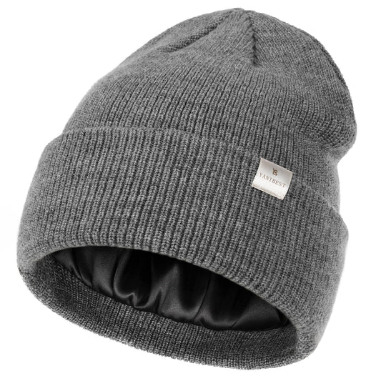 YANIBEST Beanie Hat for Women Men Satin Lined Beanie Hats Winter Hat Womens Cuffed Beanies Knit Skull Cap Warm Ski Hat Unisex Dark Grey