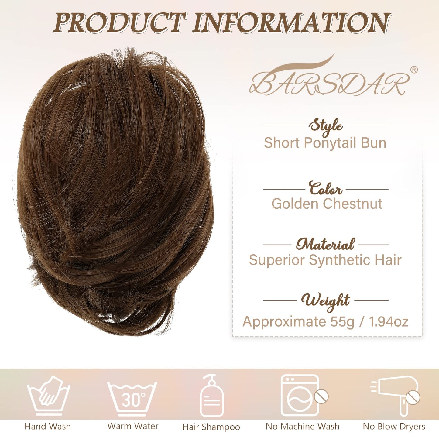 BARSDAR Straight Hair Bun Extensions - Synthetic Fully Short Straight Ponytail Hair Bun Extensions for Women - Elastic Messy Hair Bun Hairpieces Scrunchies Daily - Medium Chestnut Brown