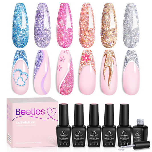 Beetles Glitter Gel Nail Polish 6 Colors Sparkle Silver Pink Blue Gel Polish Set Soak Off Uv Diy Manicure Kit Gifts for Women
