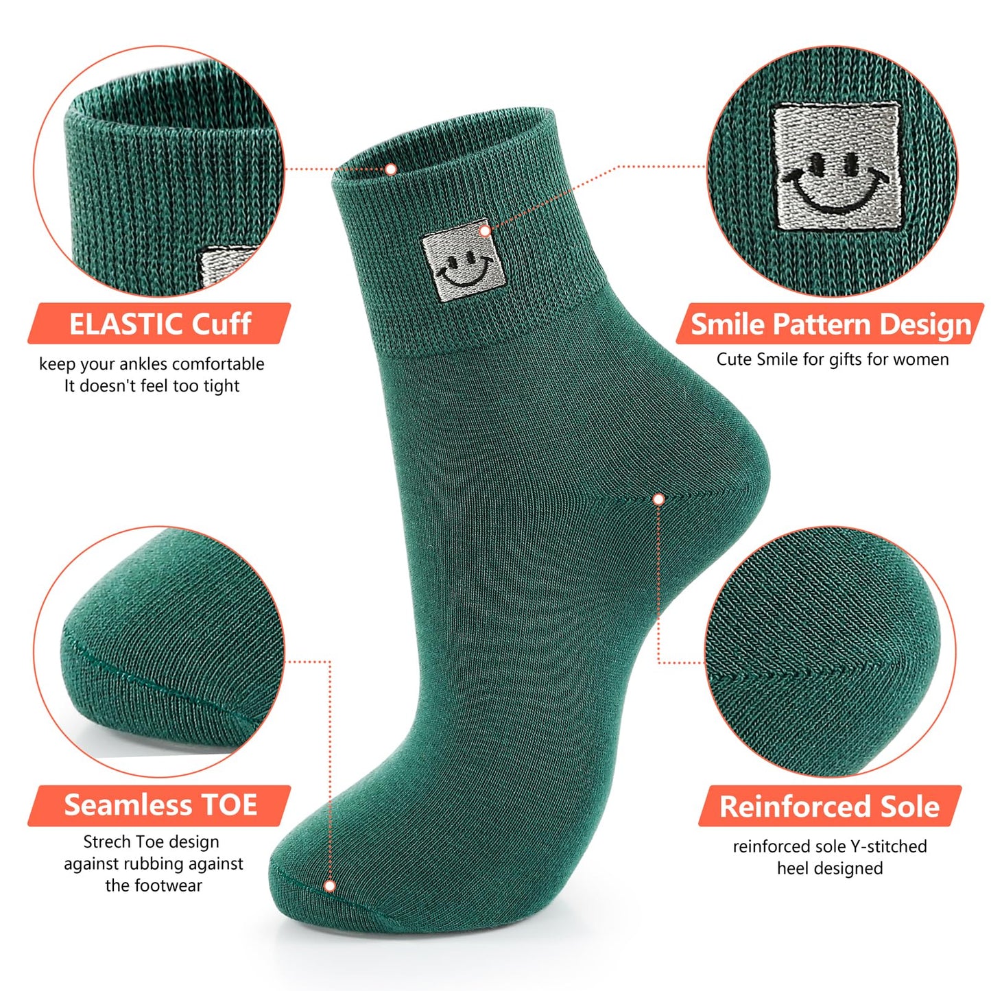 HUGSWEET Soft Cotton Women Socks above Ankle Crew Bootie Socks Cute Lovely Smiley Face Novelty Socks Gifts for Women 5 Pairs