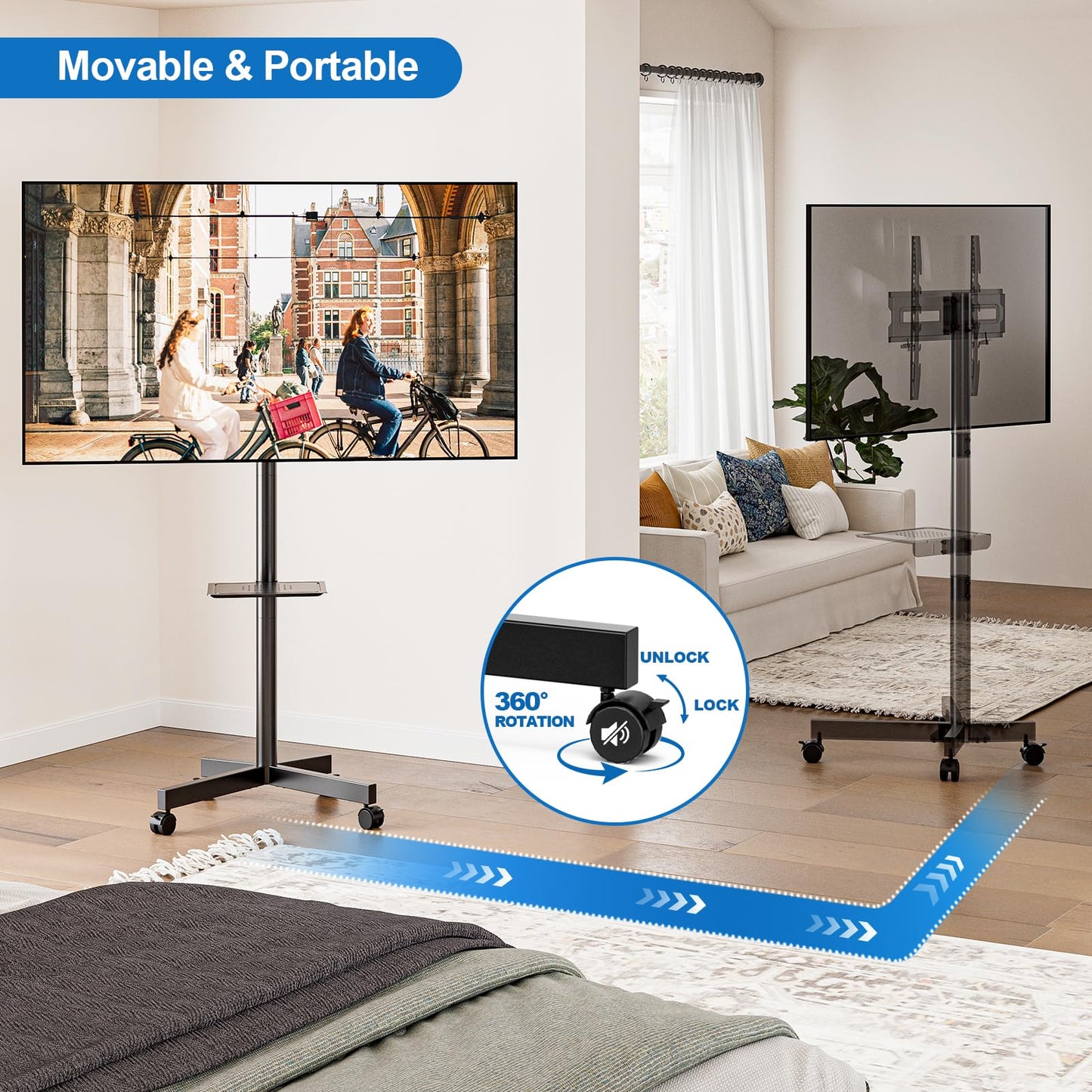 HOLMAXD Mobile TV Stand for 23-65 Inch LCD LED Flat/Curved Panel Screen TVs, Height Adjustable Rolling Floor TV Cart with Tilt Mount and Shelf, Portable Stand Holds up to 110 lbs, Max VESA 400x400mm