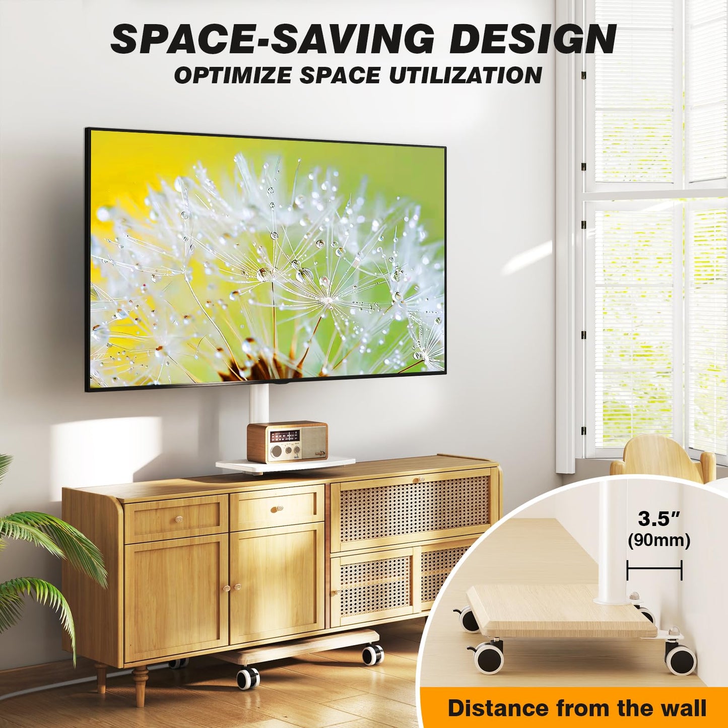 5Rcom Rolling TV Stand with Power Outlet for 32-60 inch TVs, Swivel and Height Adjustable Mobile TV Stand with Shelf, Strong TV Cart on Wheels up to 88 lbs for Living Room, Bedroom and Office, White