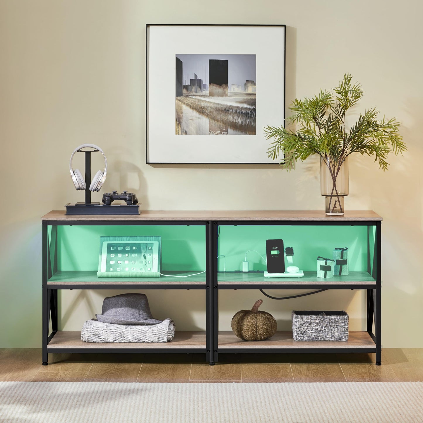 Yaheetech TV Stand with Power Outlet, Industrial Entertainment Center with LED Lights for 65 Inch TV, 3 Tiers Tv Console with Charging Station for Living Room, Media Console with Shelves, Gray