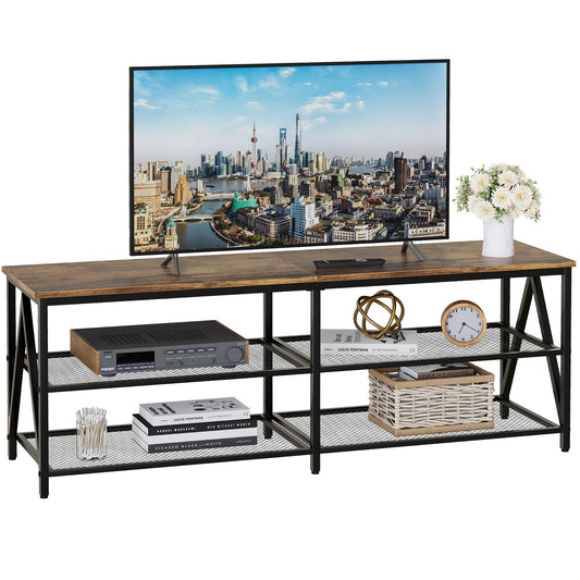 Katrawu TV Stand for TV up to 65 Inch, Long 55" TV Cabinet with 3-Tier Storage Shelves,Entertainment Center TV Console Table for Living Room with Industrial TV Metal Frame, Rustic Brown