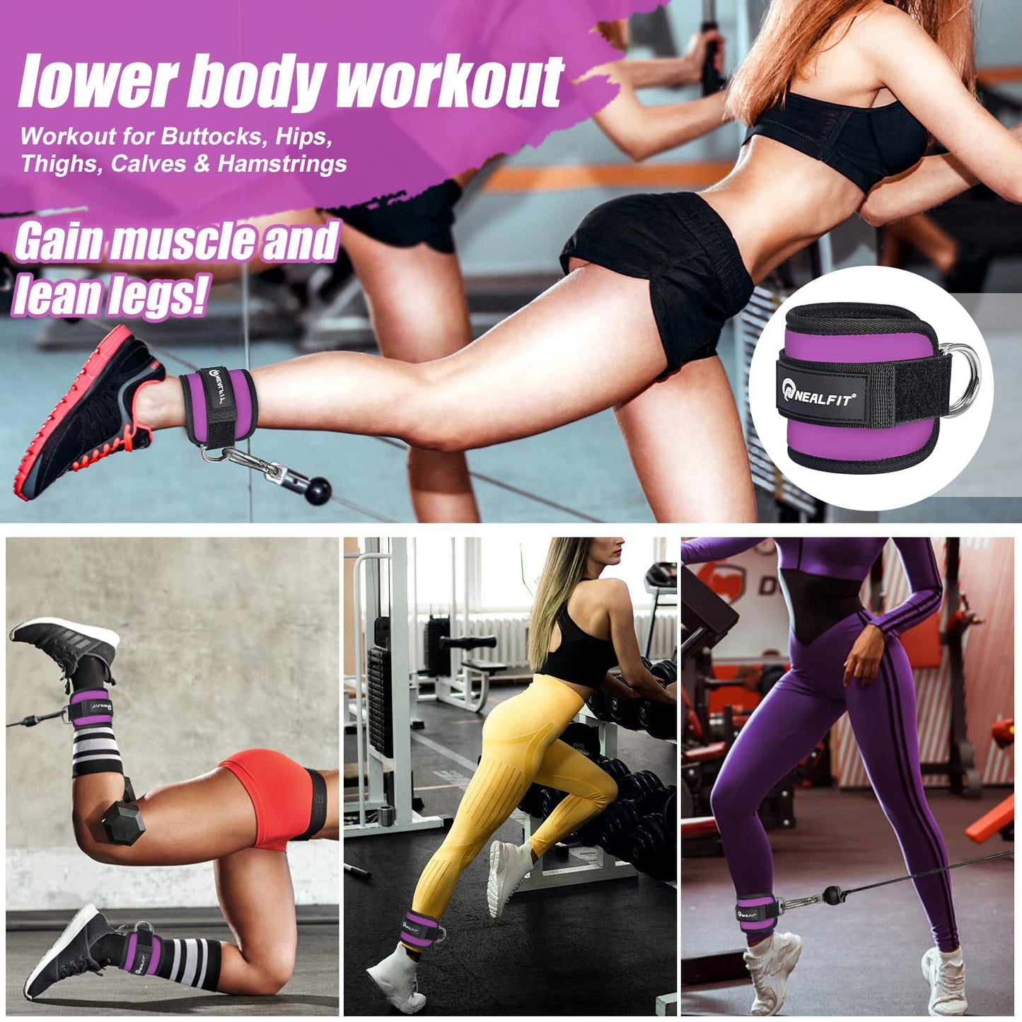 NEALFIT Ankle Strap for Cable Machine, Gym Ankle Cuff for Kickbacks, Leg Extensions, Glute Workouts, Booty Hip Abductors Exercise for Women and Men (Pair, Purple)