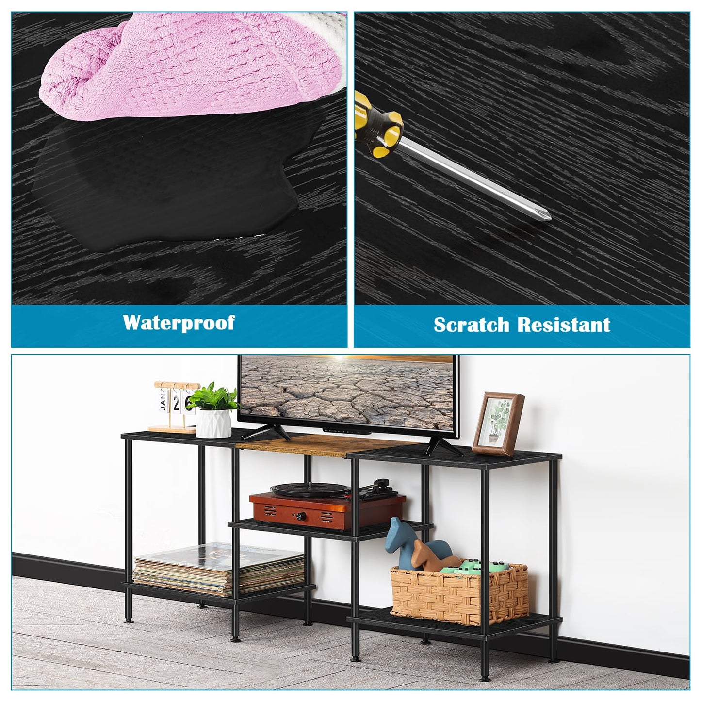 50 inch TV Stand 3 Tier Entertainment Center with Storage Shelves Small Tall Television Console Table with Metal Frame, Industrial TV Cabinet for Living Room Bedroom, Black