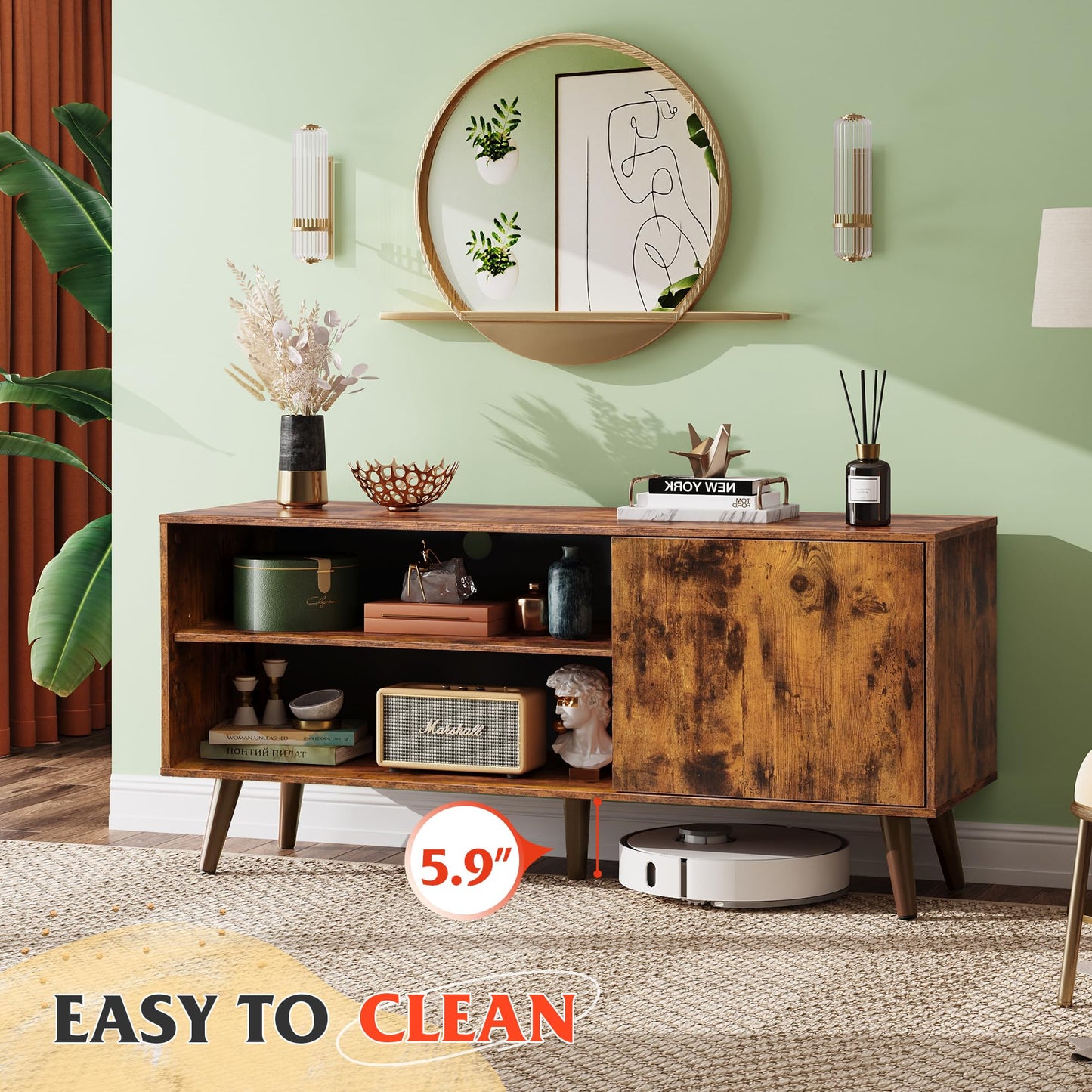 WLIVE TV Stand for 55 Inch TVs, Entertainment Center with Storage Cabinet, Mid-Century TV Stands for Living Room and Bedroom, 50" TV Console, Brown