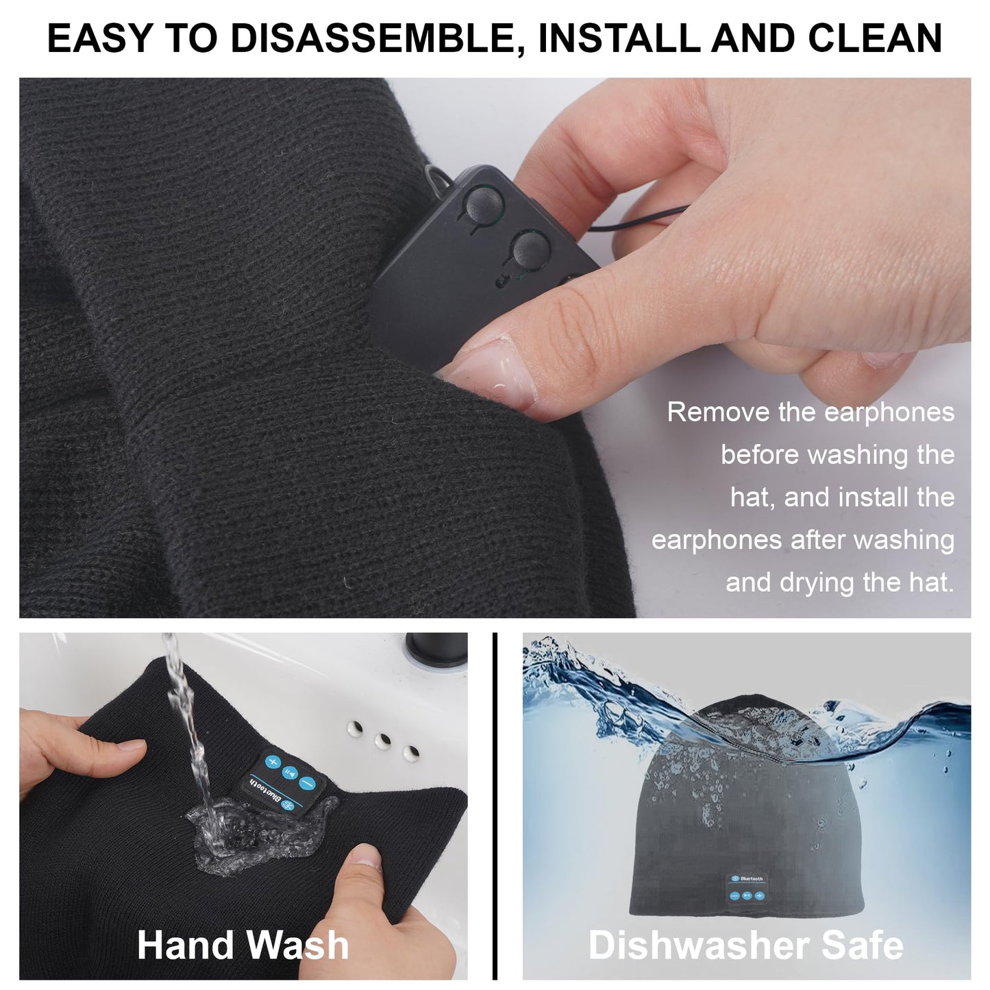 Bluetooth Beanie for Men & Women, Winter Knit Music Hat with Cordless Headphones, 24 Hour Play time, Built-in Microphone and HD Stereo Speakers, Unique Christmas Tech Gifts for Outdoor Homes Black