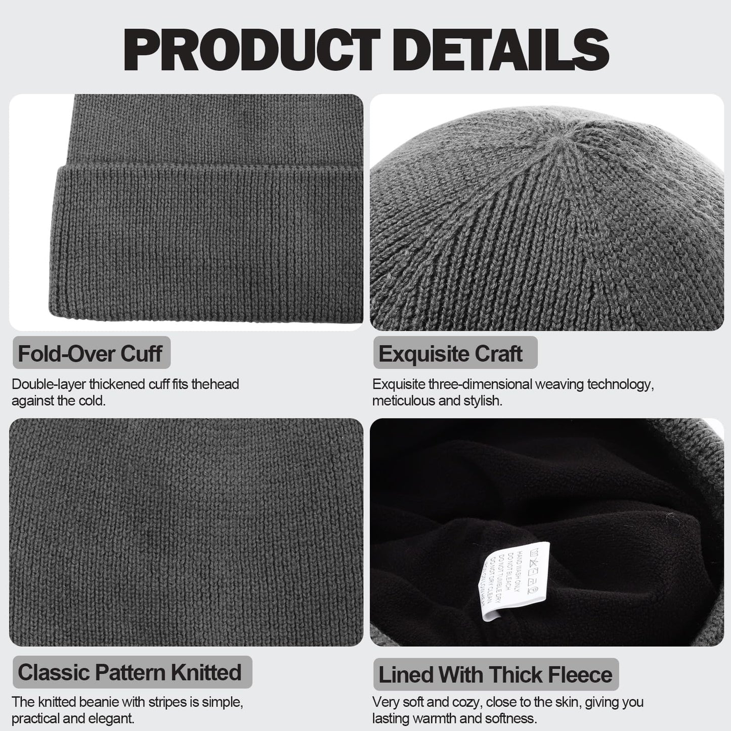 Unisex Merino Wool Waterproof Cold Weather Roll Cuff Beanie Dark Grey XX-Large Warm Fleece Lined Winter Hat for Men Women Big Heads XL XXL
