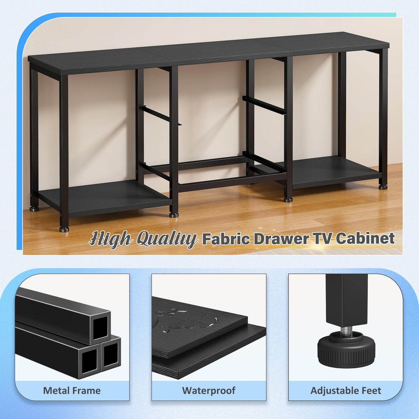 TV Stand for Bedroom with LED Lights, Dresser TV Stand with Two Fabric Drawers and Open Storage Shelves, TV Stands for Living Room, Entertainment Center, TV Console, Wood Top, Metal Frame, Black