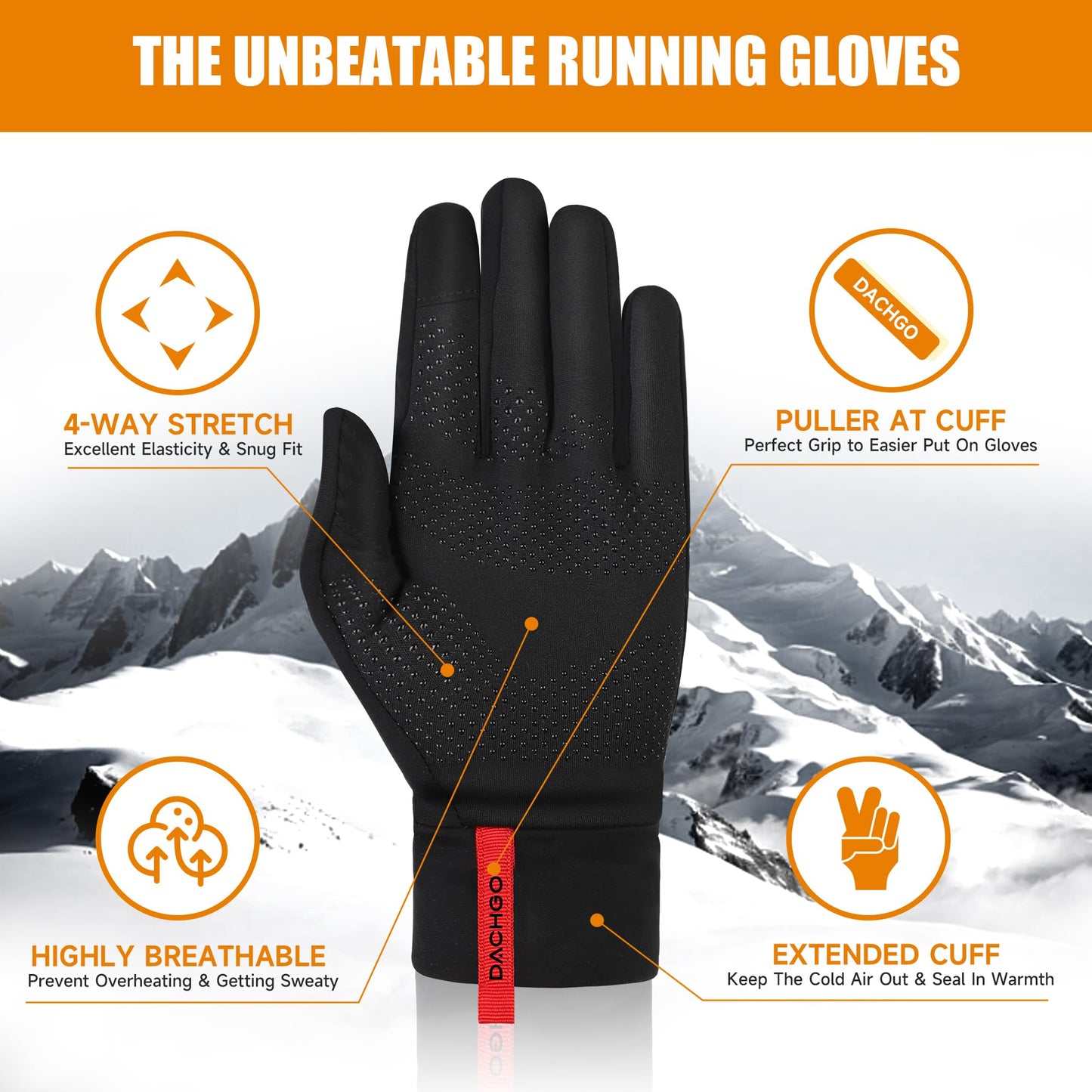 Dachgo Lightweight Touchscreen Running Gloves, Thermal Gloves Liner Warm Gloves for Cold Weather for Men Women, Perfect for Cycling Running Driving Hiking Walking Sporting (X-Large)