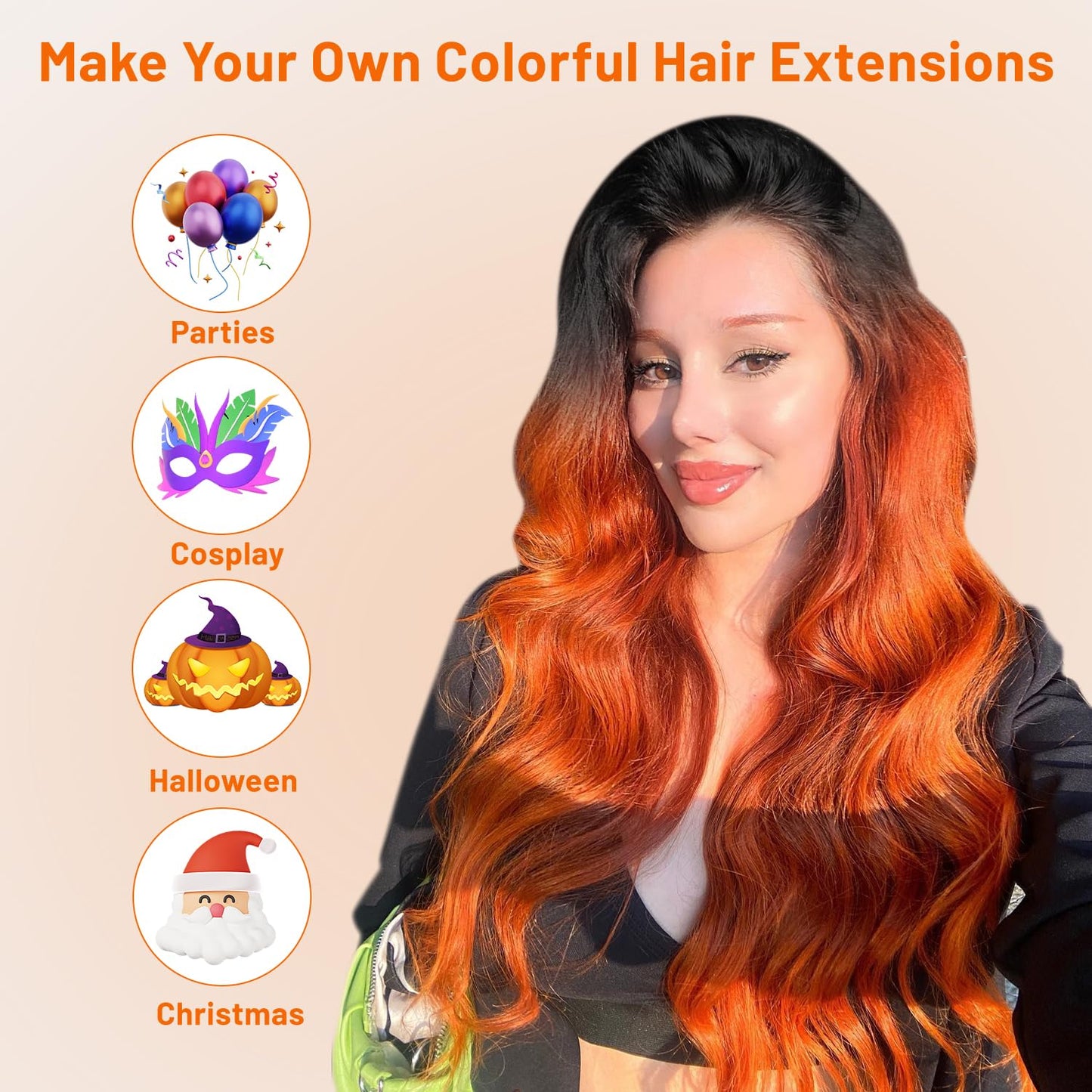 TOFAFA 16 Pcs Colored Hair Extensions Curly Wavy Clip in Synthetic Hairpiece Streak for Girls Women Kid, Multi-colors Party Highlights Cosplay Festival Gift(Orange)