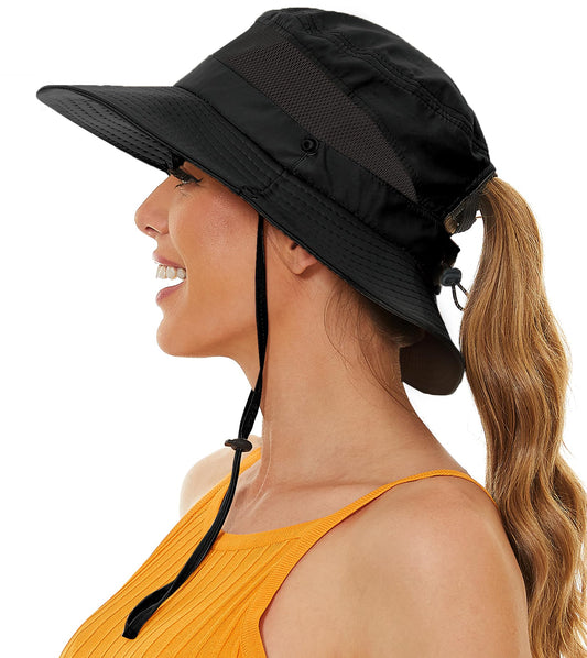 Sun Hat with Ponytail Hole for Women,Sun UV Protection UPF50+ Waterproof Beach Bucket Safari Hiking Hat for Women Black