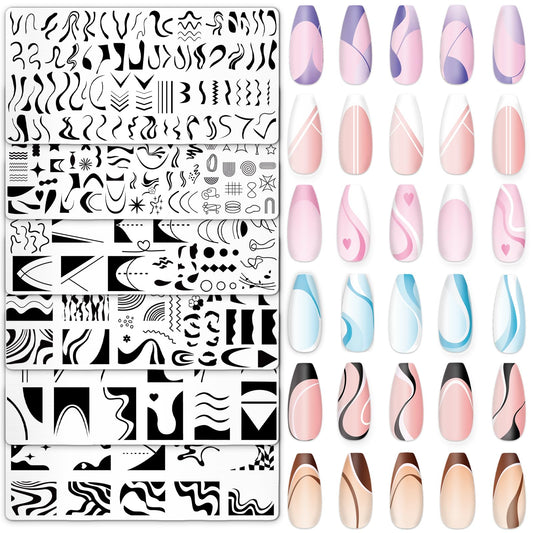 Whaline 6Pcs French Line Nail Plates Stamping Set Minimalism Wave Stripe Stamp Templates Nail Art Plates For DIY Print Manicure Salon Design
