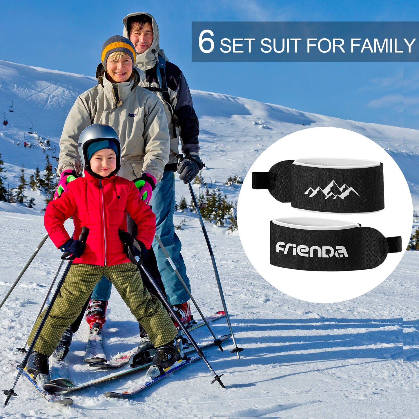 Frienda 6 Pcs Winter Ski Straps Fasteners Tape Adjustable Ski Wraps Ties for Families Christmas Holiday(Black)