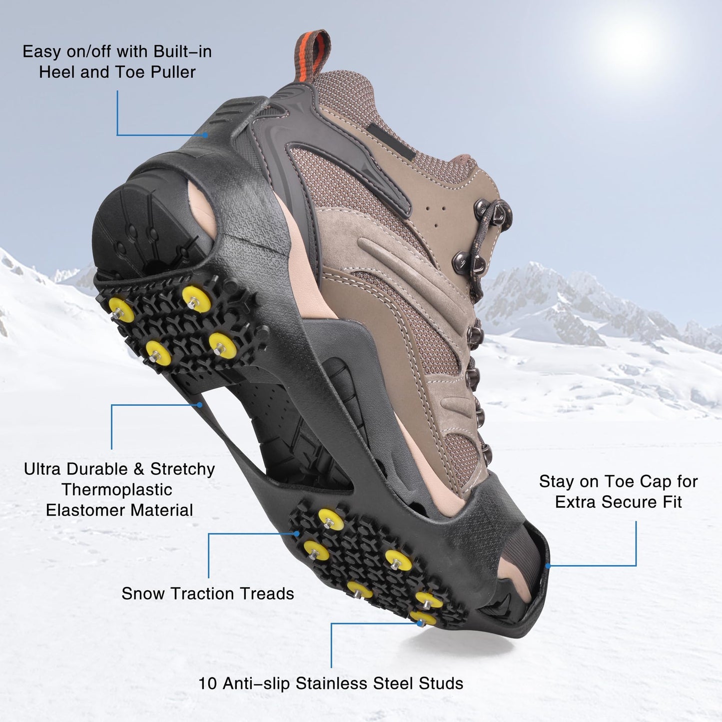 Ice Cleat Snow Traction Cleats for Shoes Boots Anti-Slip Overshoe Crampons with 10 Studs Ice Rubber Walking Cleats Slip-on Stretch Footwear for Kid Women Men Large