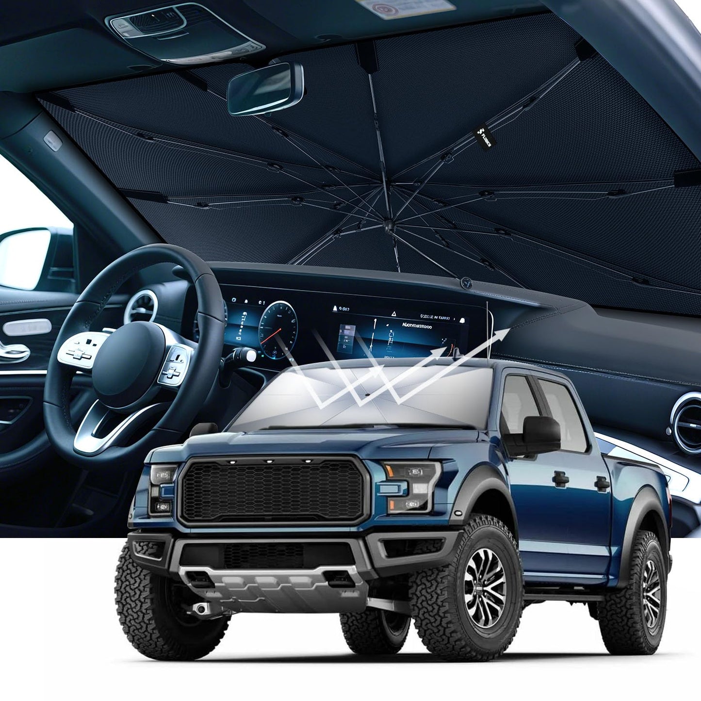 [2025 Upgrade] FLORICH Windshield Sunshade Umbrella Foldable Car Windshield Sun Shade Cover, [Nano-Ice-Crystal Coatings] Protect Interior from from UV Keep Car Cooler Large(61" L x 33" W)