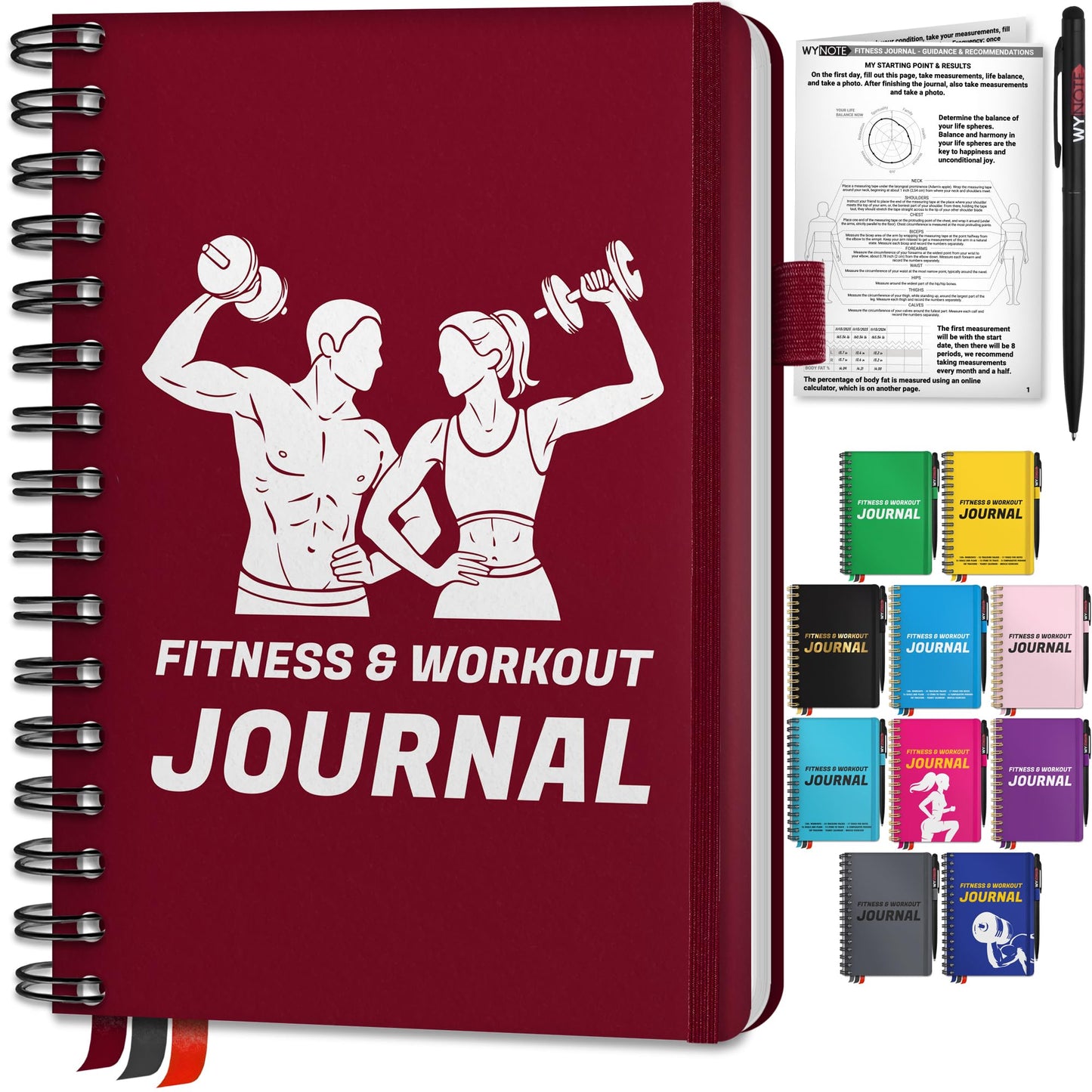 Fitness Journal Burgundy on 150+ Workouts + Yearly Calendar + 55 Tracking Values - A5 Workout Journal with Fat tracking - Planner to 12 items to track + 7 comparative periods + Goals