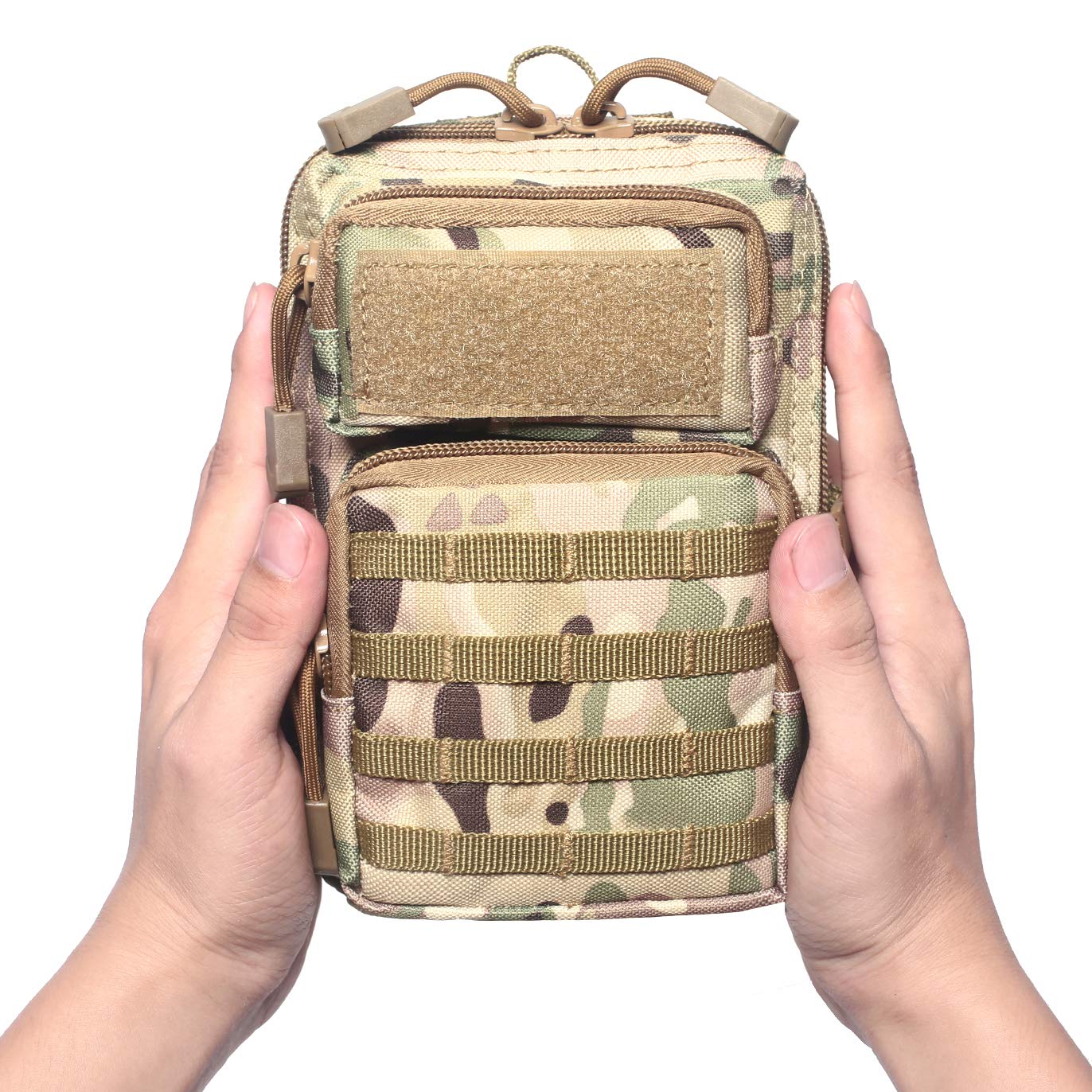 Tactical Molle Pouch Compact EDC Tool Pouch Bag Mini Utility Pouch with US Flag Patch, Shoulder Strap & Two D-Rings (CP)