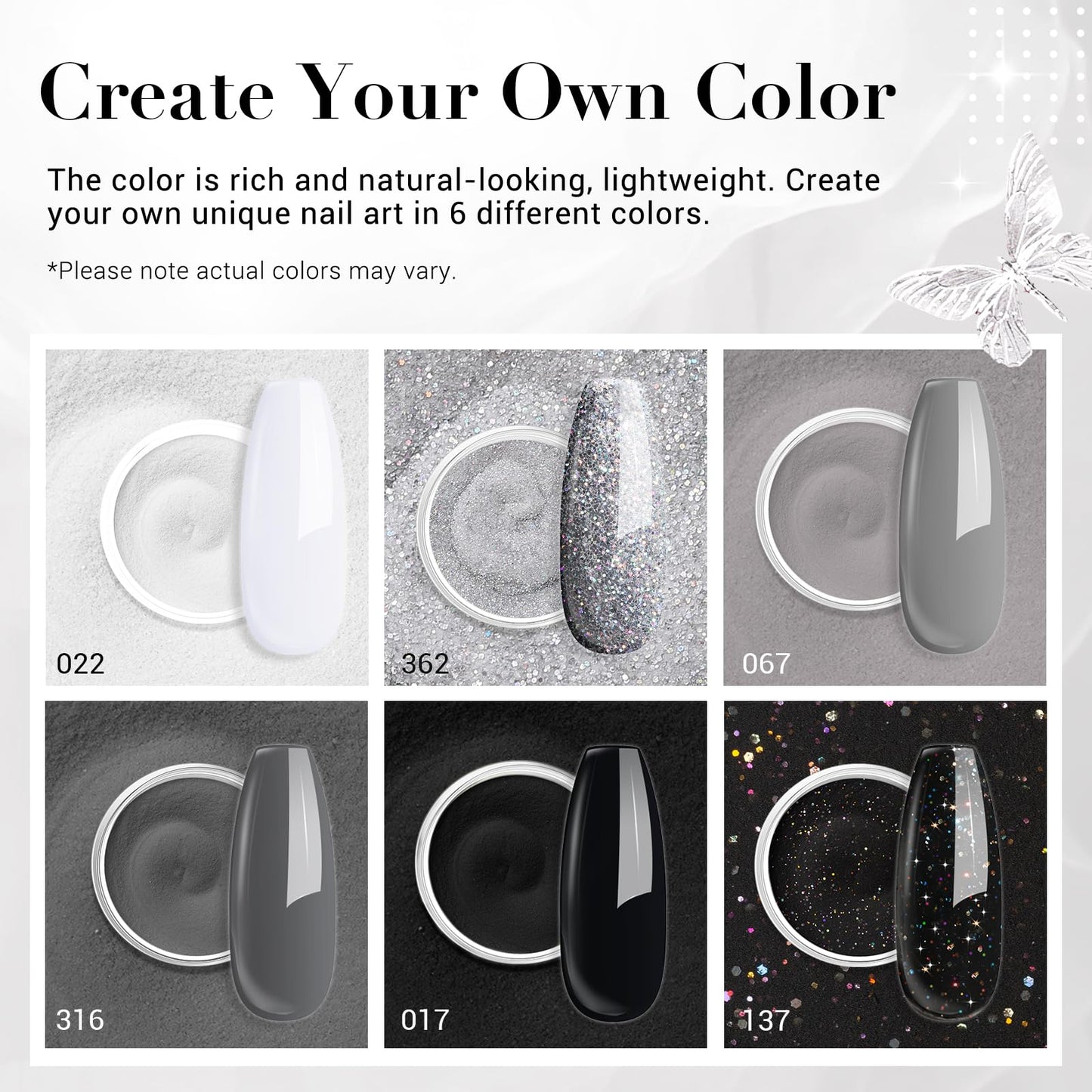 AZUREBEAUTY Dip Powder Nail Basic Set White Black Silver Grey Pure Sparkle 6 Colors All Seasons Dipping Powder Starter Kit French Nail Art Manicure DIY Salon for Women, No Need Nail Lamp Cured