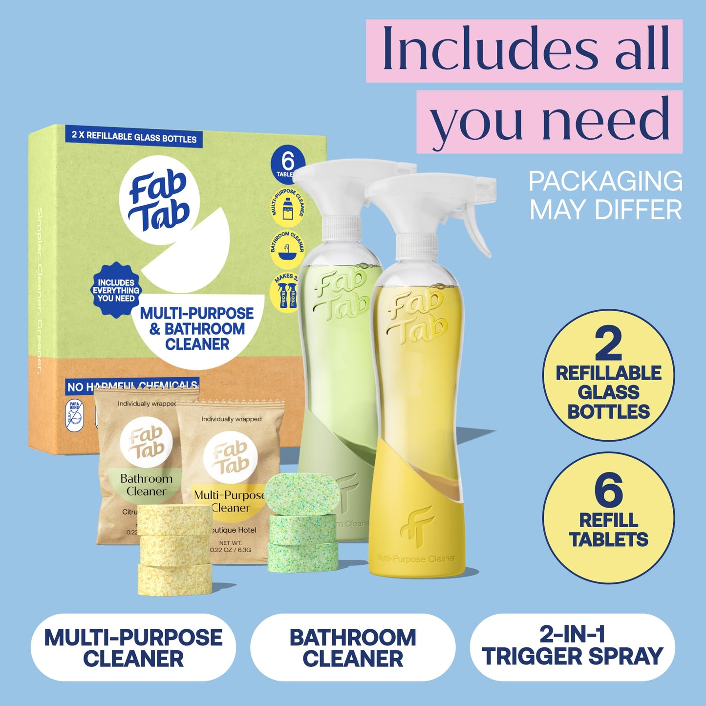 Fab Tab Tablet Cleaner, Multi-Purpose & Bathrom Cleaner for Eco-Concious Cleaning, Non Harmful & Chemical-Free Formula, Convenient Refills with 2 Glass Bottles, Luxury Hotel Scent (6 Refill Tablets)