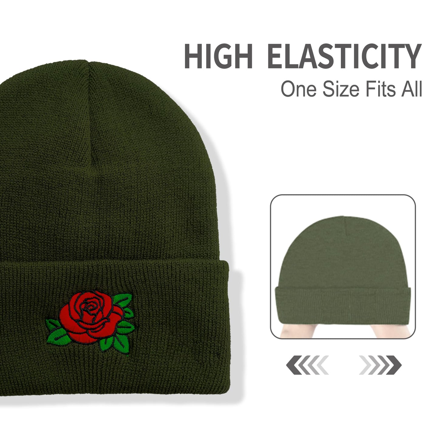 Beanie Hats for Men Unisex Rose Embroidered Women Acrylic Winter Cuffed Knit Warm Ski Hats Green Black
