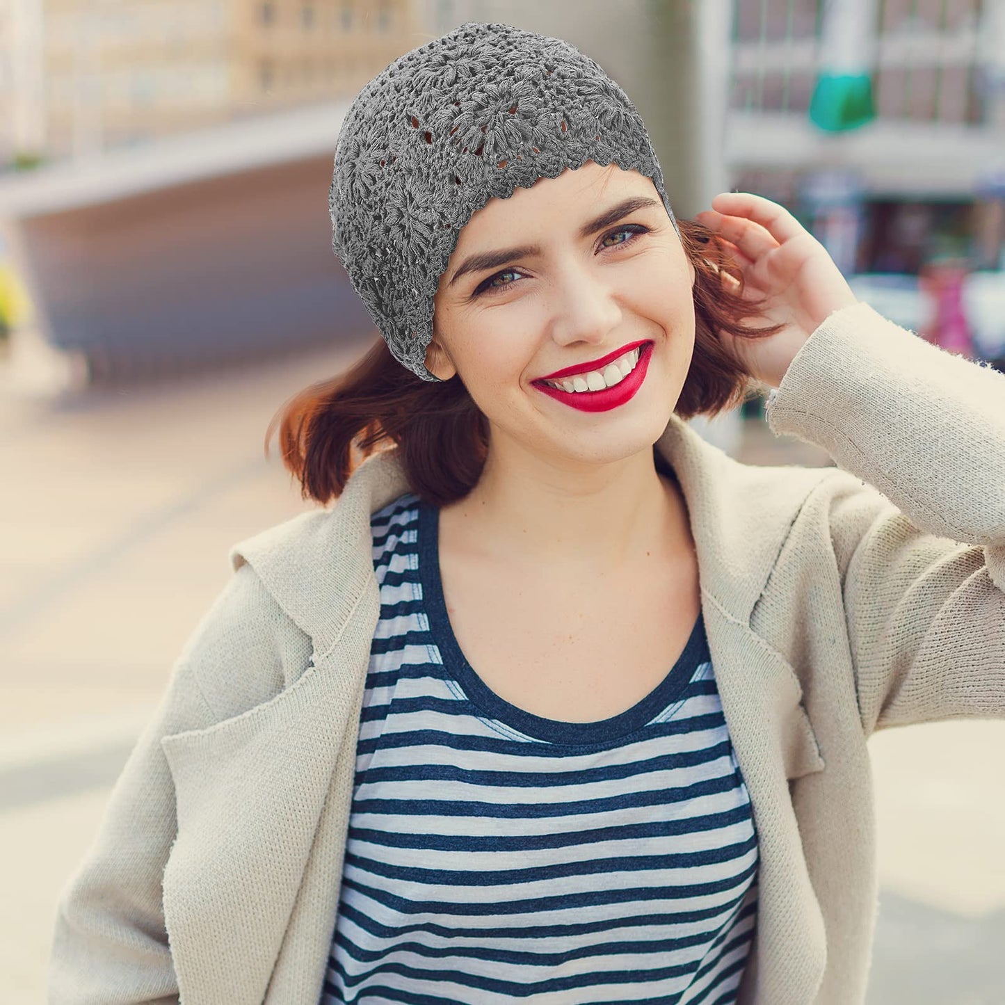 2 Pieces Floral Crochet Slouchy Beanie Hat Handmade Knit Cutout Women Floral Skull Cap Stretchy Knitted Crochet Hat for Women (Beige, Gray)