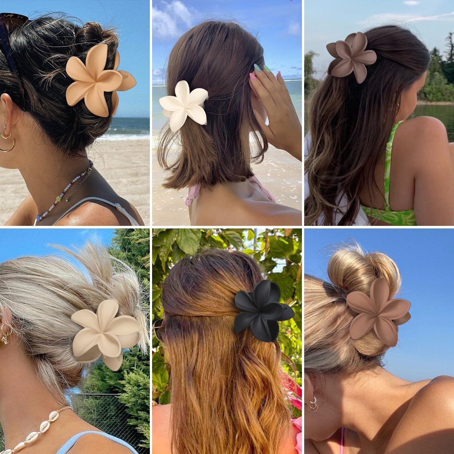 Sisiaipu Hawaiian Plumeria Flower Claw Hair Clips - 6 Pcs Large for Thick Hair and Thin for Beach, Hair Accessories for Women and Girls - Khaki