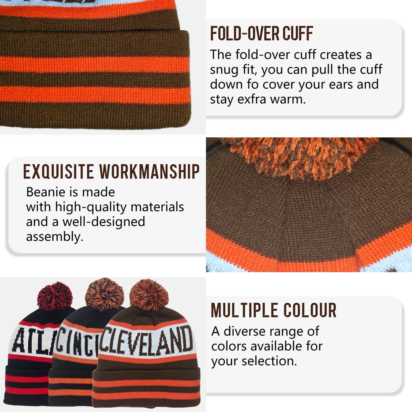 Beanie Knit Hat with Pom Winter Cuffed Cap Sport Fans Gift for Men Women White