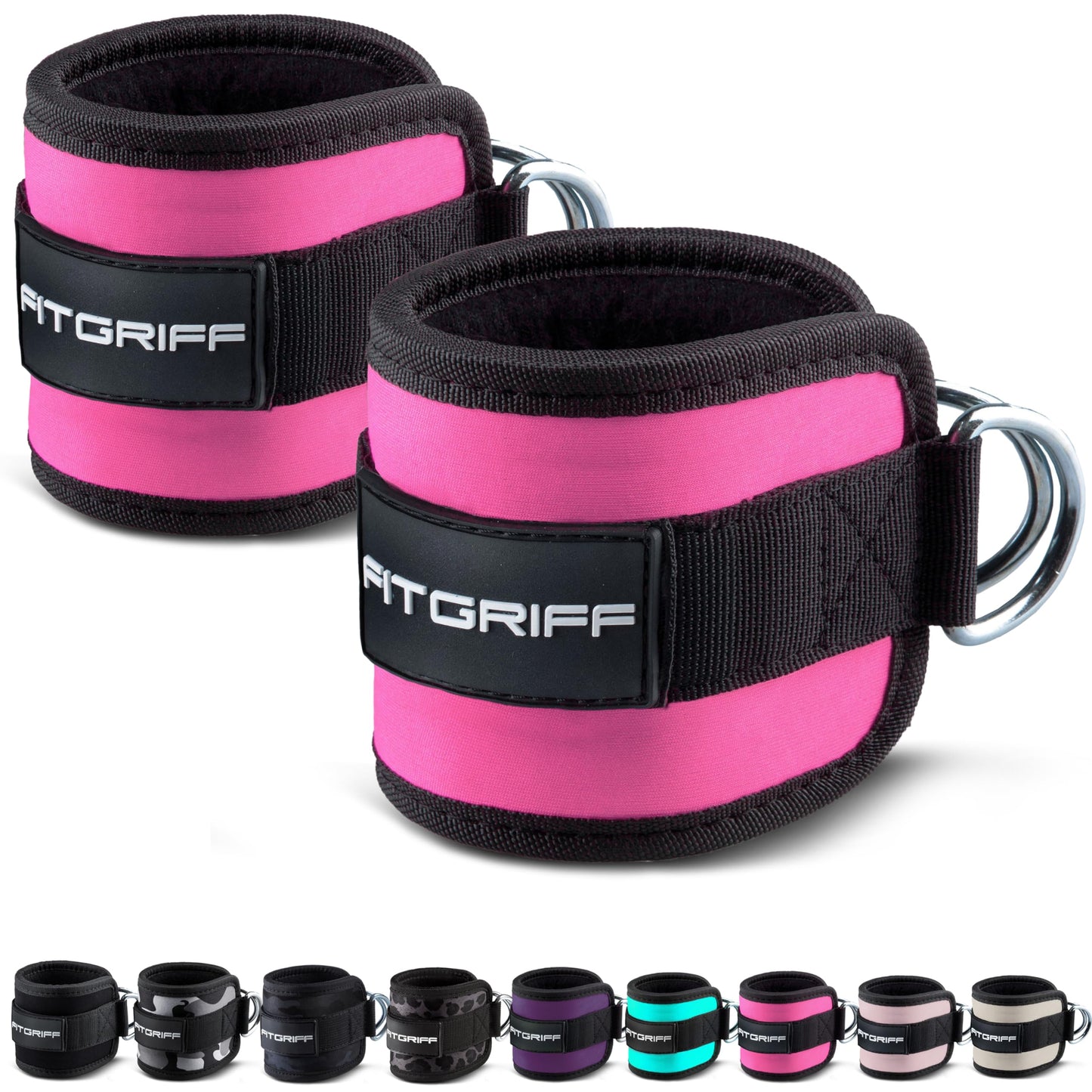 Fitgriff® Ankle Straps V1 for Cable Machine (2 Pieces) - Gym Workout Equipment - Leg Pulley Attachment, Kickback Straps (Pink)
