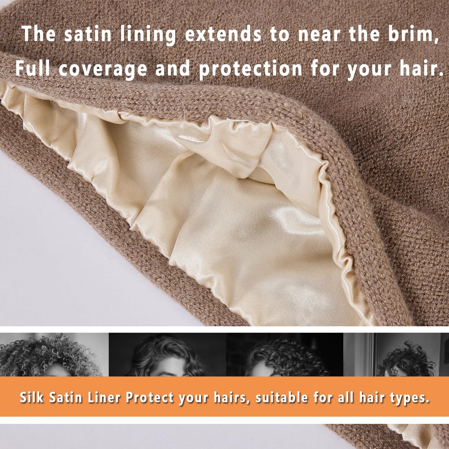 Facecozy Satin Lined Beanies Women Slouchy Beanie Knit Winter Hat for Women Men Silky Lining Lightweight Skull Beanies Cap (Brown)