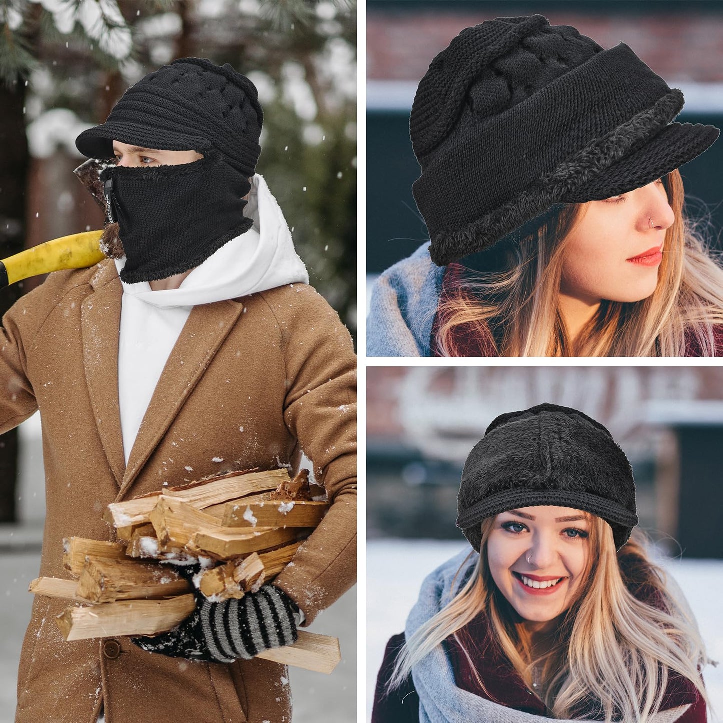 Yonchic Fleece Lined Beanie Hat, Elastic Soft Ear Protection Knitted Scarf Mask Hat with Zipper, Face Neck Warmer Set for Women (Black)