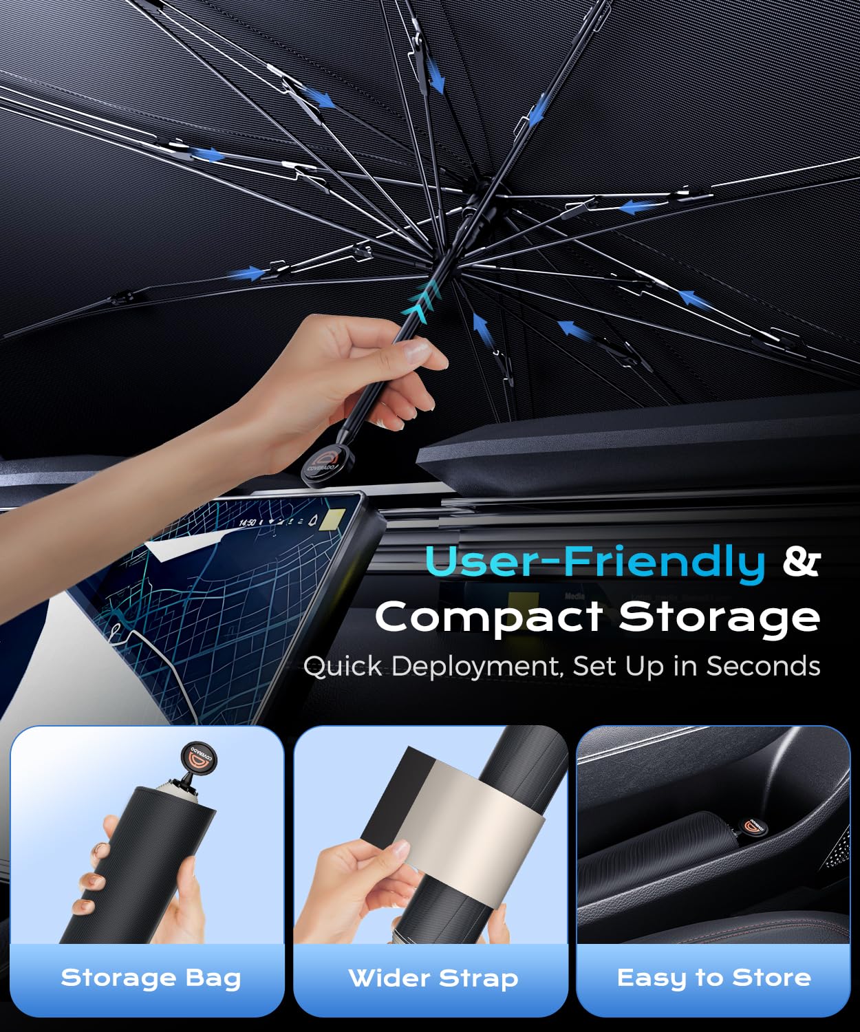 [2025 Upgrade] Coverado Windshield Sun Shade, UPF80+ Sunshade for Car Windshield Blocks Heat & UV Rays, Thickened Vinyl Coating Keep Cool Protect Interior, M 57”x32” for Sedans/SUVs