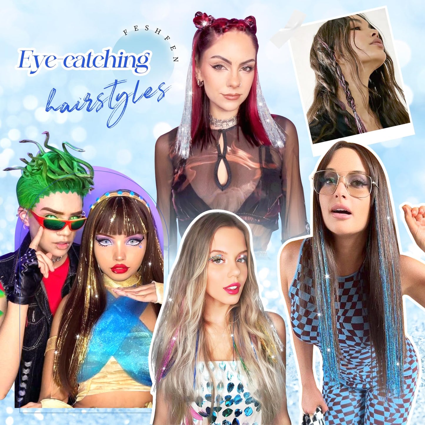 FESHFEN Clip in Hair Tinsel - 12 PCS Red Clip ins Glitter Tinsel Hair Extensions Sparkle Fairy Dazzle Colorful Accessories Kit for Women 20 Inch