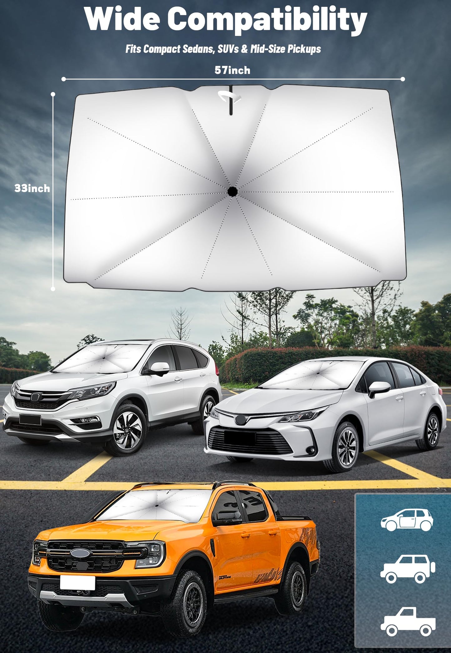 SONOMO Car Windshield Sun Shade Umbrella, UV Protection & Heat Insulation, 210T Foldable Sun Shield for Cars, Trucks, SUVs – 57"x33" Front Window Cover