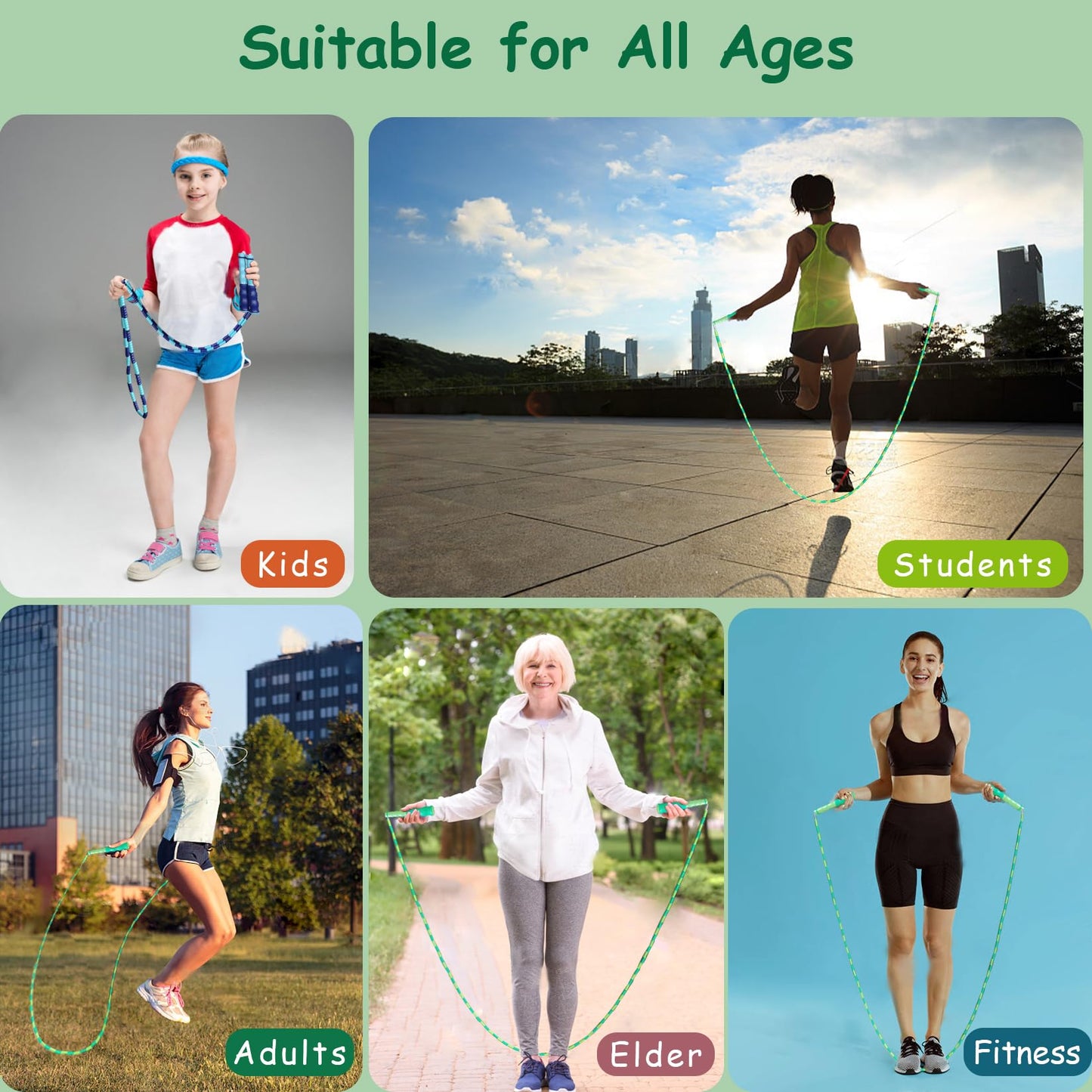 TYSISKNO 3 Pack Jump Rope for Kids Girls and Boys, Soft Beaded Jump Ropes, Adjustable Skipping Rope, Workout and Weight Loss,9.2Ft(Blue&Green&Purple)