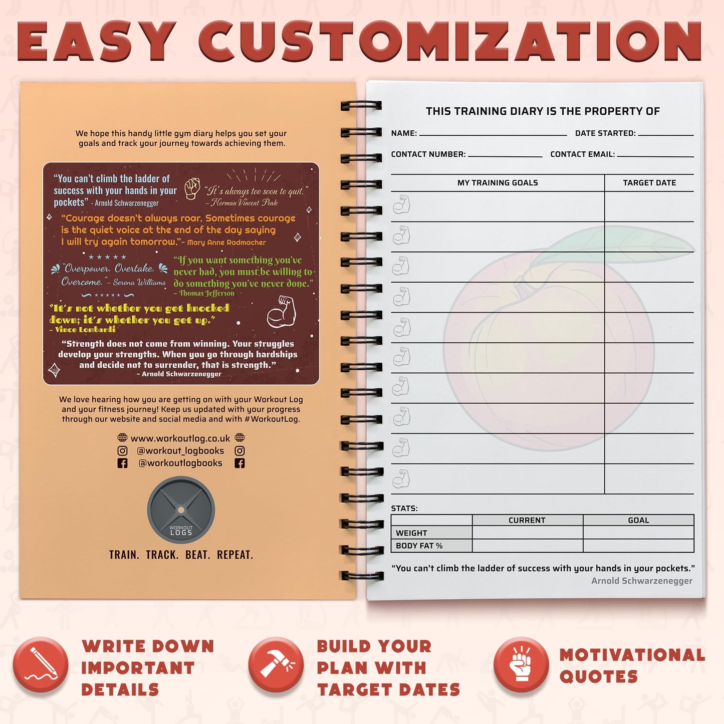 Workout Planner for Daily Fitness Tracking & Goals Setting - A5 Size, 6” x 8”, Peachy Pink), Men & Women Personal Home & Gym Training Diary - Log Book Journal - by Workout Log Gym