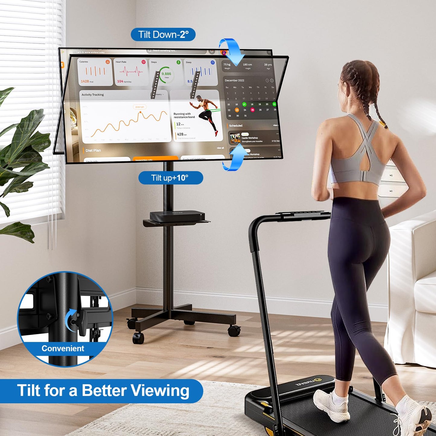 HOLMAXD Mobile TV Stand for 23-65 Inch LCD LED Flat/Curved Panel Screen TVs, Height Adjustable Rolling Floor TV Cart with Tilt Mount and Shelf, Portable Stand Holds up to 110 lbs, Max VESA 400x400mm