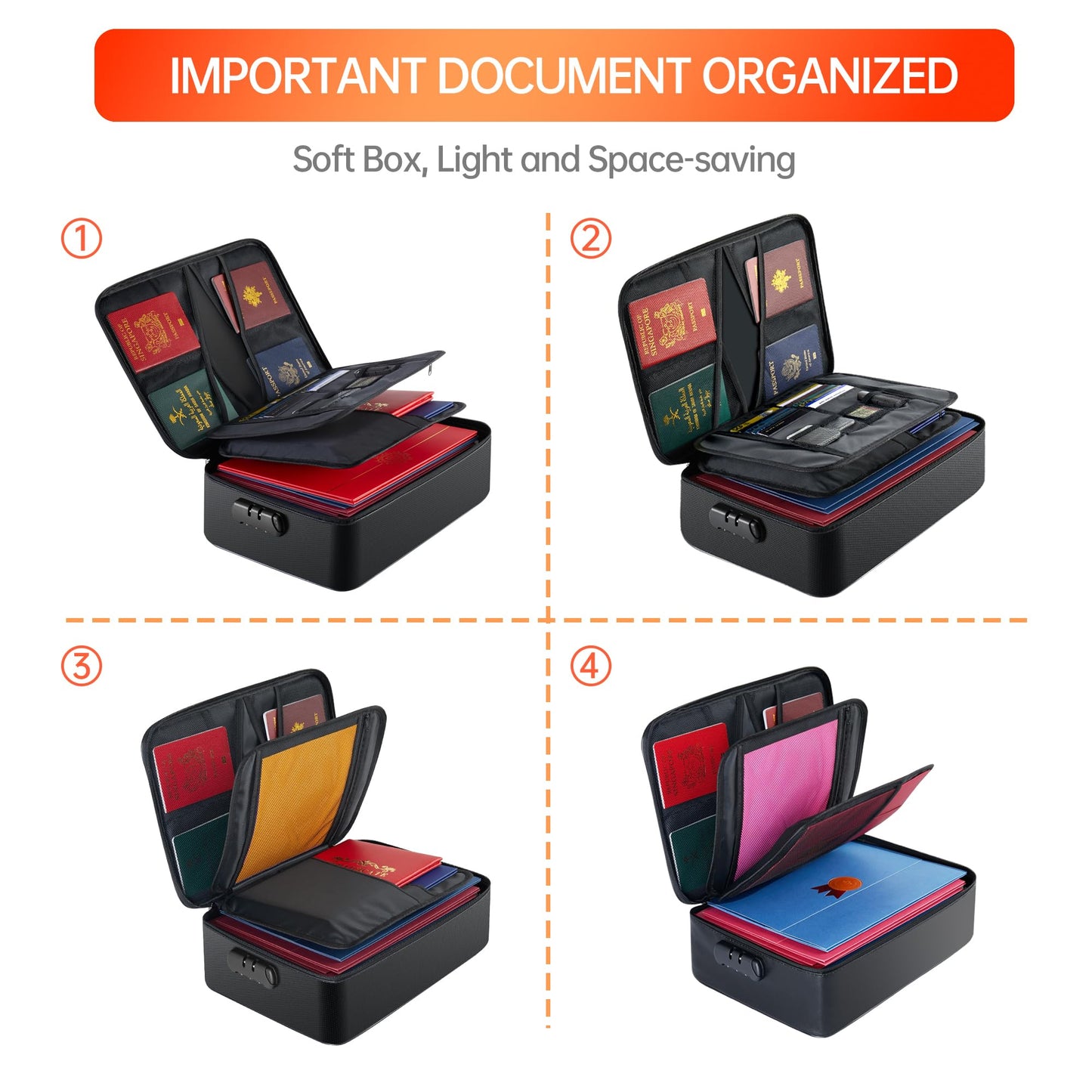 GIANTLUMl 5200°F Document Organizer with Lock,Upgraded Heat Insulated Fireproof＆Waterproof Box 8 Layers File Organizer,Portable Home Office Safe Storage for Important Documents,Safe Box,Fireproof Bag