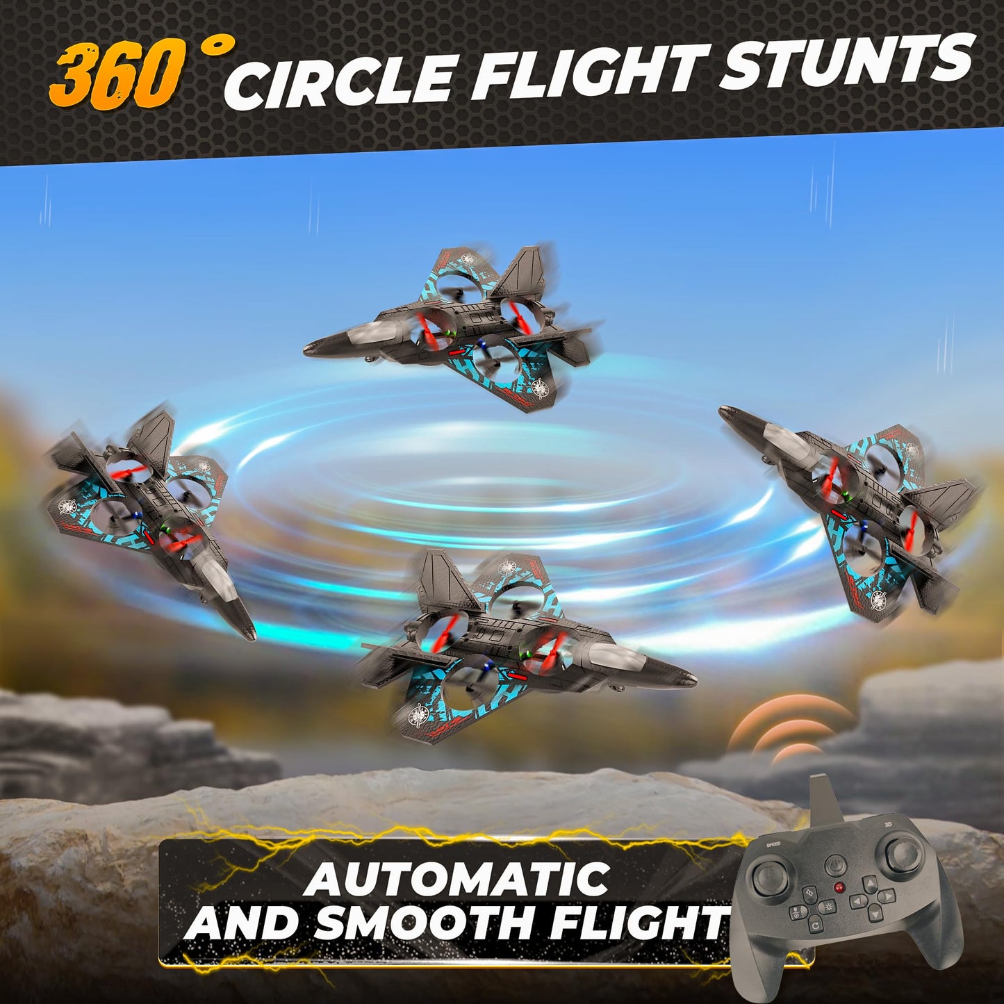 BEZGAR Drones for Kids | 2.4GHZ RC Plane, Remote Control Airplane, RC Helicopter, 360° Flip Fighter Jet Toy with Colorful LED Navigation Light Blue