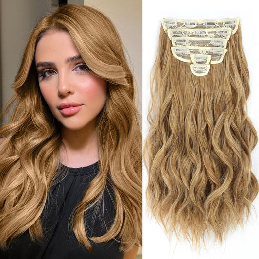 Fliace Clip in Hair Extensions, 6 PCS Natural & Soft Hair & Blends Well Hair Extensions, Lonng Wavy Hairpieces(20inch, 6pcs,Biscuit Brown)