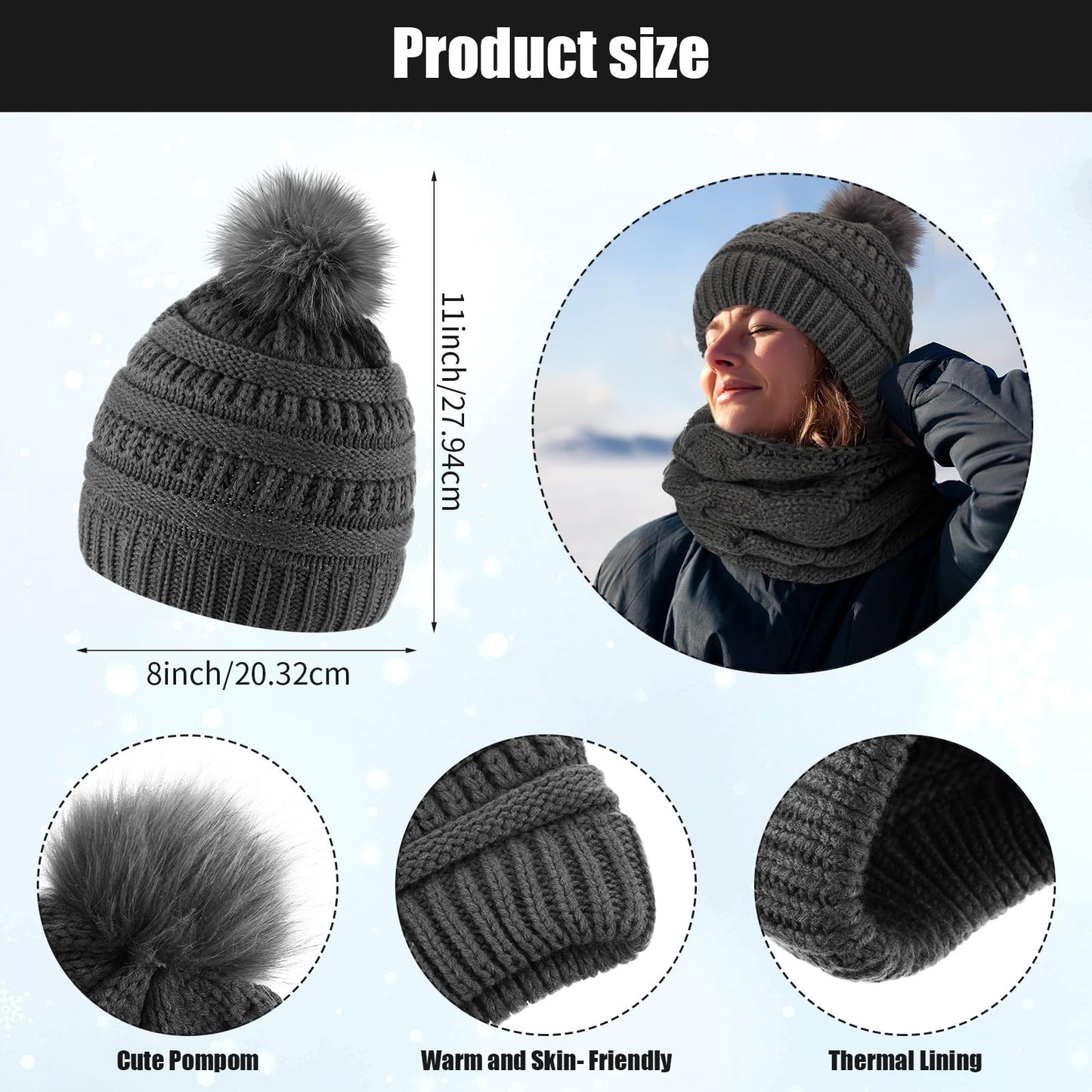 Liitrsh 6 Pcs Winter Hat Scarf Gloves Socks Facemask Ear Warmer Set Knit Beanie Hat with Pom Neck Warmer Warm Socks Facemask(Dark Gray)