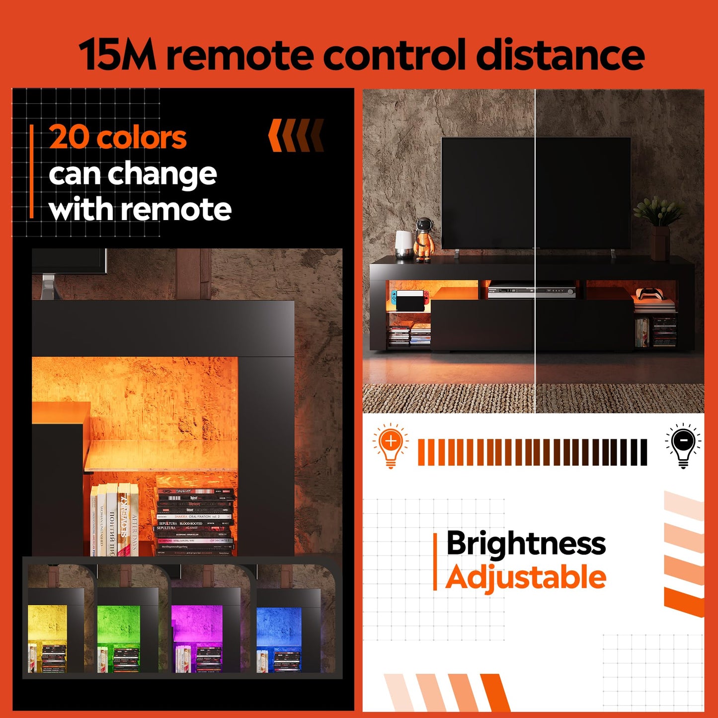 WLIVE 63 Inch TV Stand, LED Entertainment Center for 60 to 70 Inch TV, Modern TV Console with 2 Drawers, TV Stands for Living Room, Black