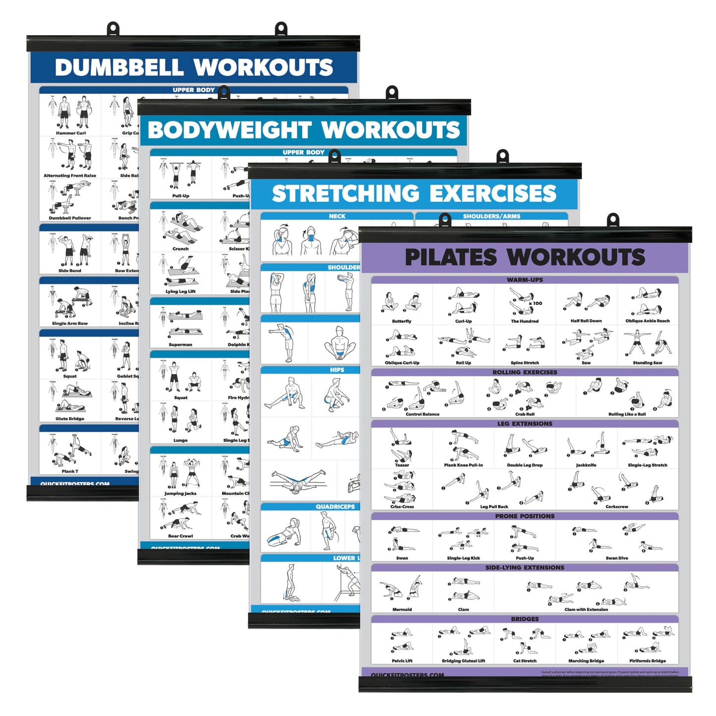 Palace Learning 4 Pack - Dumbbell Workouts + Bodyweight Workouts + Stretching Exercises + Pilates - Set of 4 Workout Charts (18” x 24”, LAMINATED WITH PLASTIC FRAME)