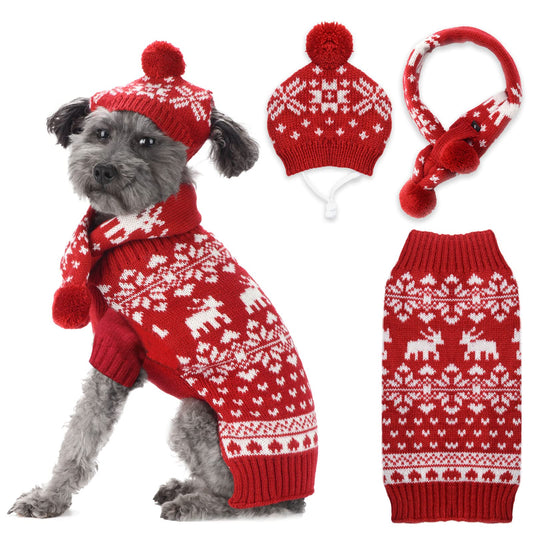 HRTTSY Dog Christmas Sweater Scarf and Hat Set for Small Dogs Cute Ugly Xmas Reindeer Snowflakes Puppy Cat Winter Clothes Soft Warm Fall Kitten Puppy Sweatshirt Pet Costume Chihuahua Outfits(Red,L)