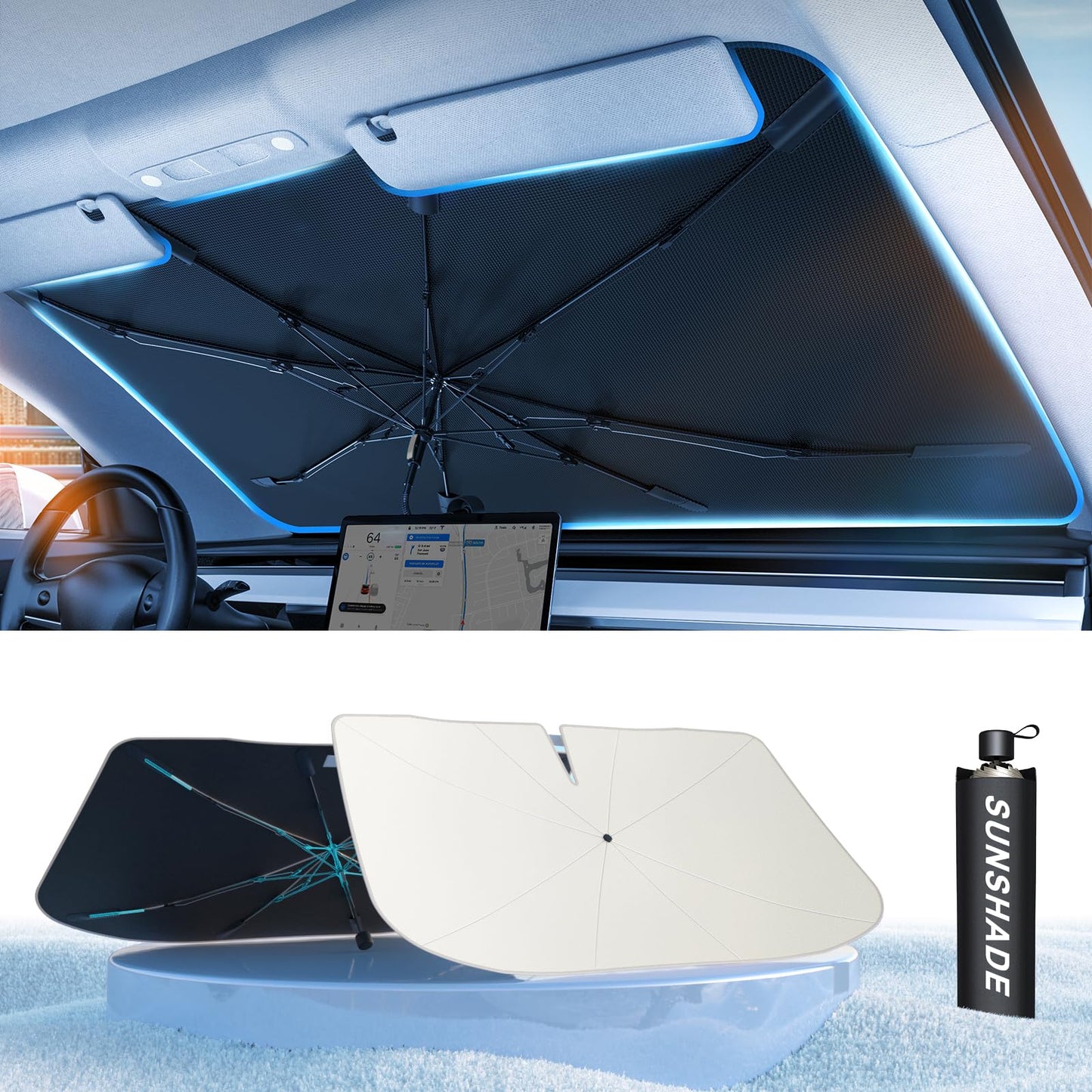 TrySpace Car Windshield Sun Shade Umbrella - [Nano-Ice-Crystal Coatings] Protect Car from Sun Rays & Heat Damage Keep Cool and Protect Interior Medium (56" L x 31" W)