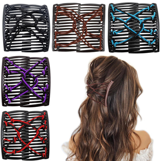 5 Pieces Stretchy Magic Hair Comb Adjustable Elastic Comb Clip for Women Girls No Crease Hair Pins Vintage Bun Maker for Curly Thick Wavy Hair Ponytail