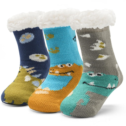 Moon Tree Toddler Boys Fuzzy Socks Winter Warm Socks for Kids Boys Thick Thermal Fleece Lined Fluffy Socks for Home 3 Pack Cartoon Dinos 2-3T